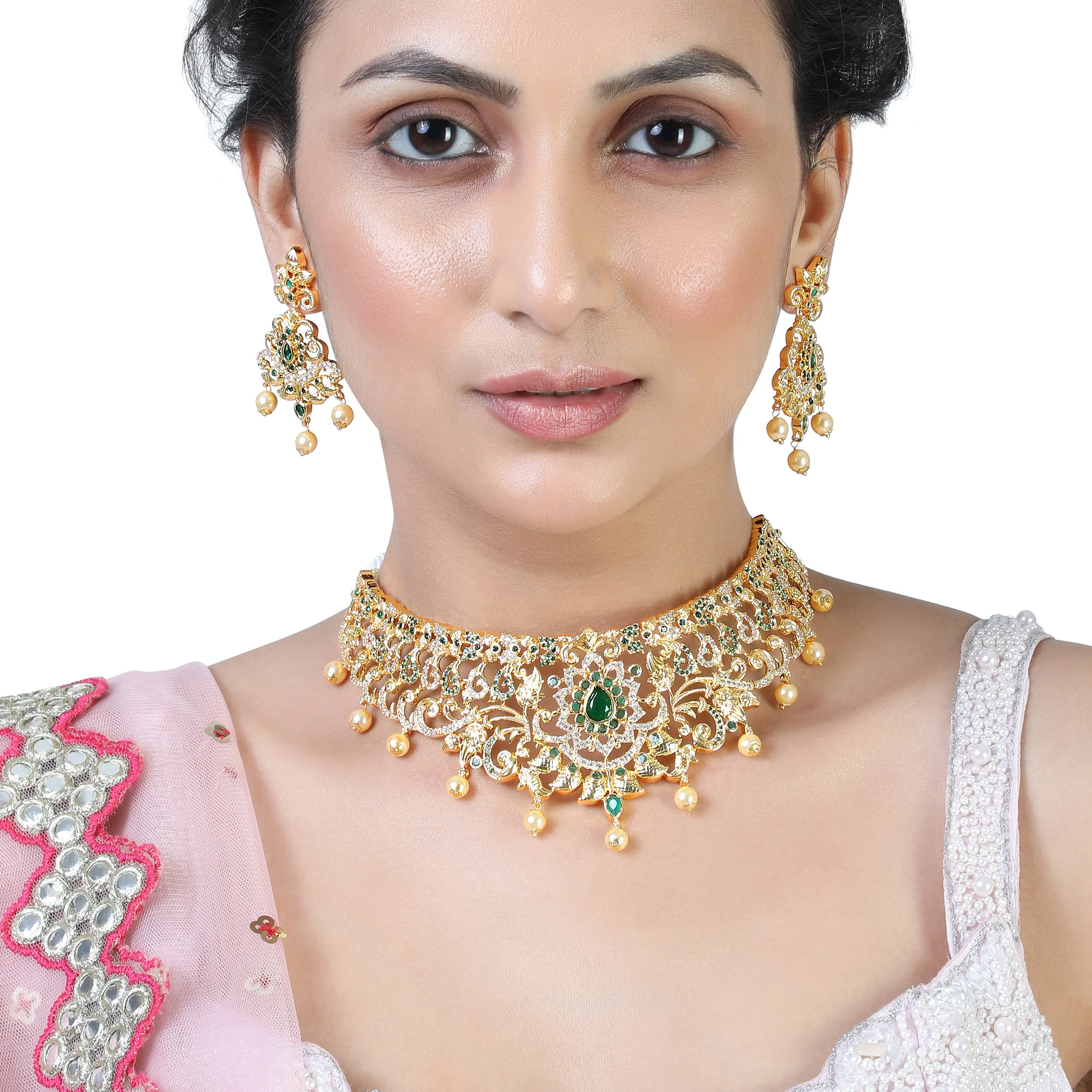 Estele Gold Plated CZ Magnificent Bridal Choker Necklace Set with Green Stones & Pearls for Women