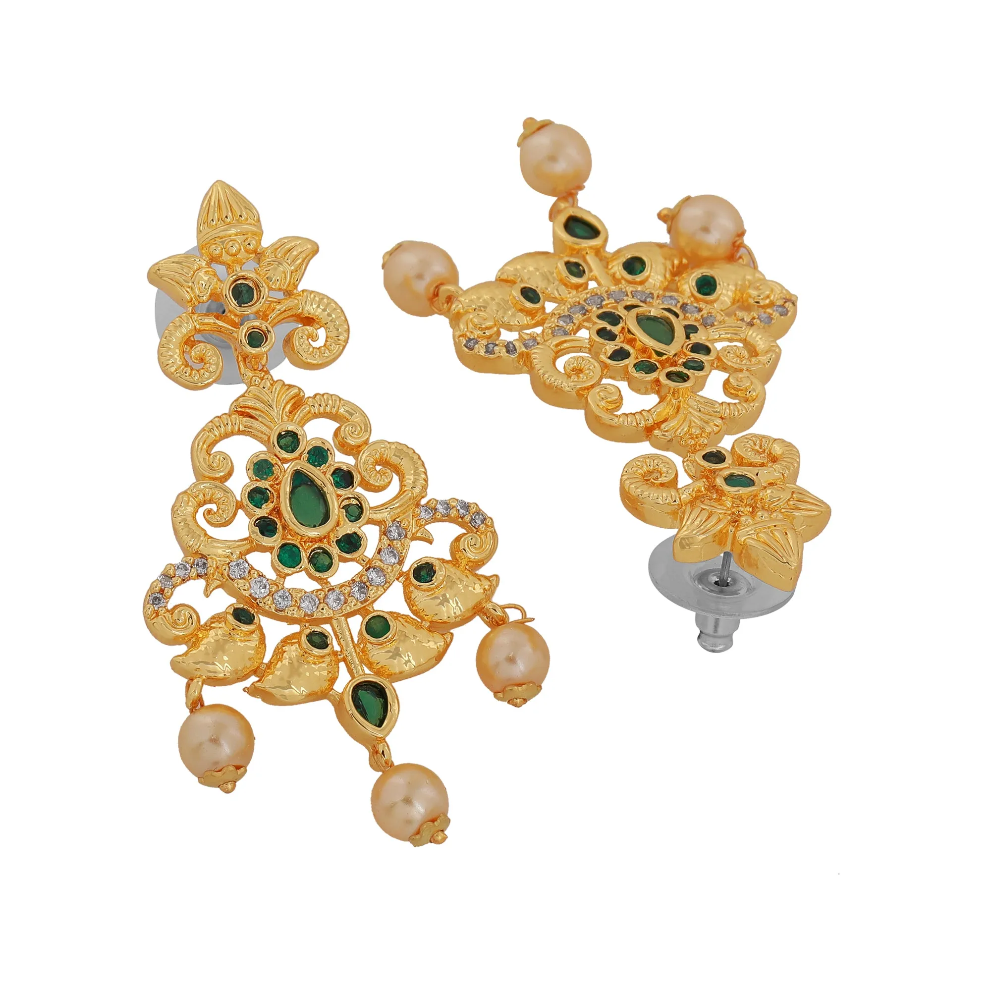 Estele Gold Plated CZ Magnificent Bridal Choker Necklace Set with Green Stones & Pearls for Women