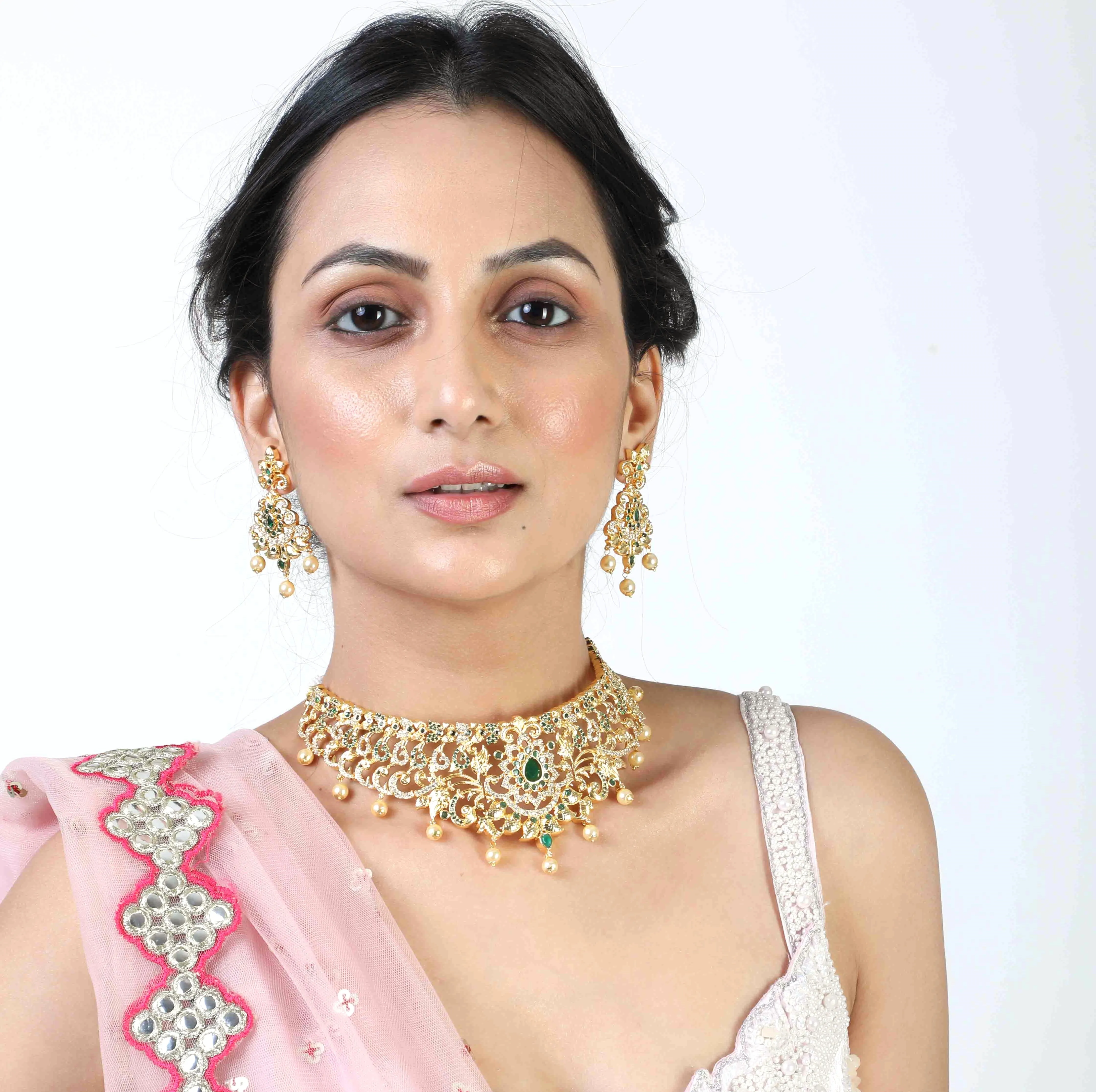 Estele Gold Plated CZ Magnificent Bridal Choker Necklace Set with Green Stones & Pearls for Women