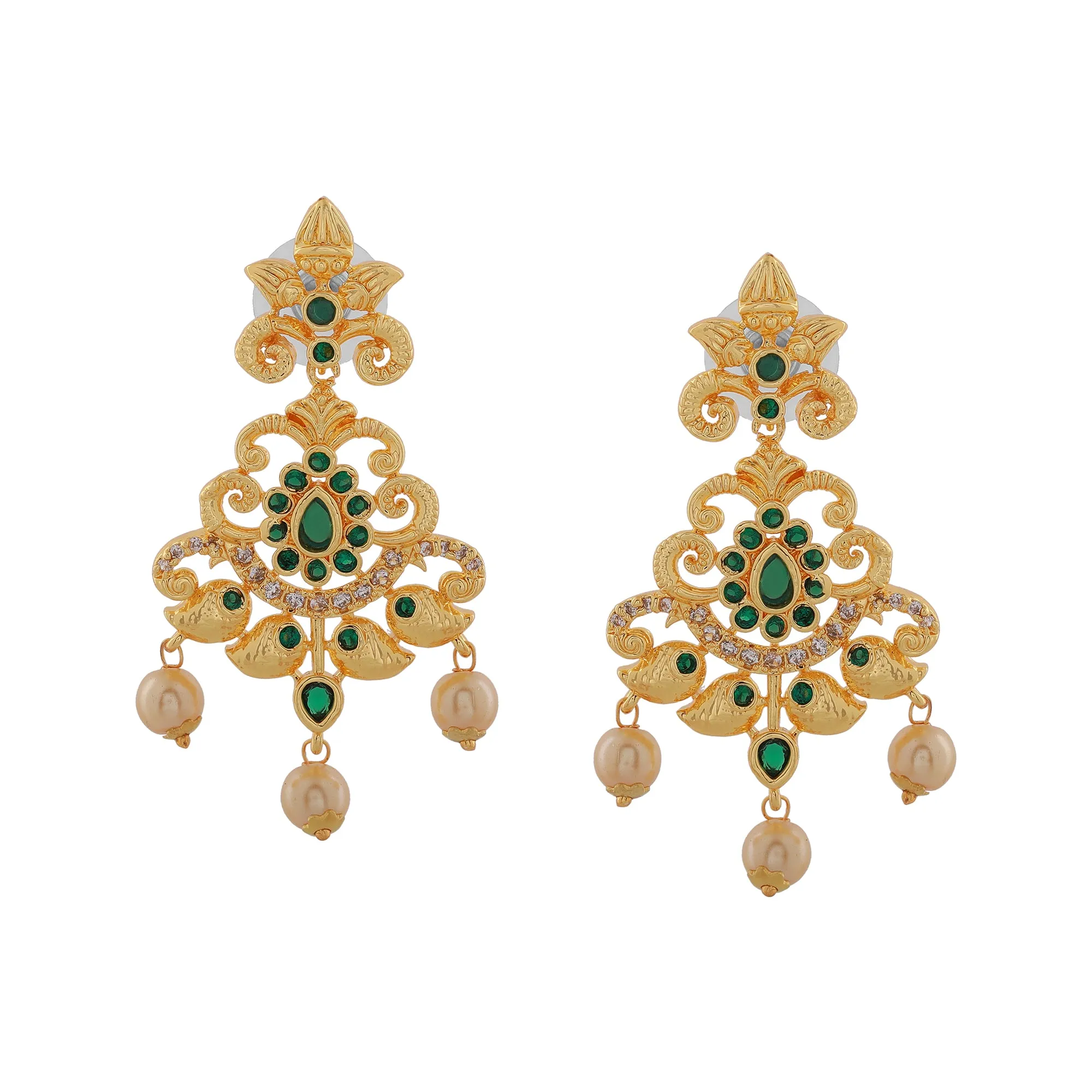 Estele Gold Plated CZ Magnificent Bridal Choker Necklace Set with Green Stones & Pearls for Women