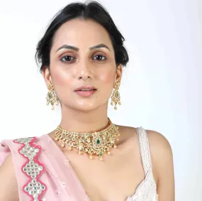 Estele Gold Plated CZ Magnificent Bridal Choker Necklace Set with Green Stones & Pearls for Women