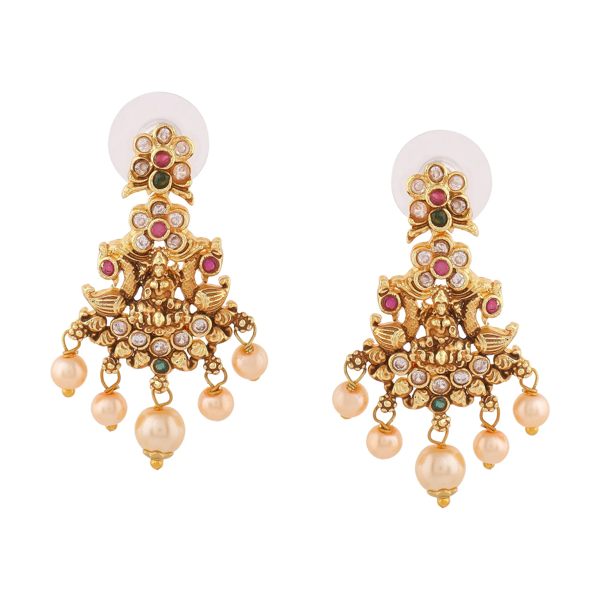 Estele Gold Plated CZ Spiritual Lakshmi Devi Designer Earrings with Pearls for Women