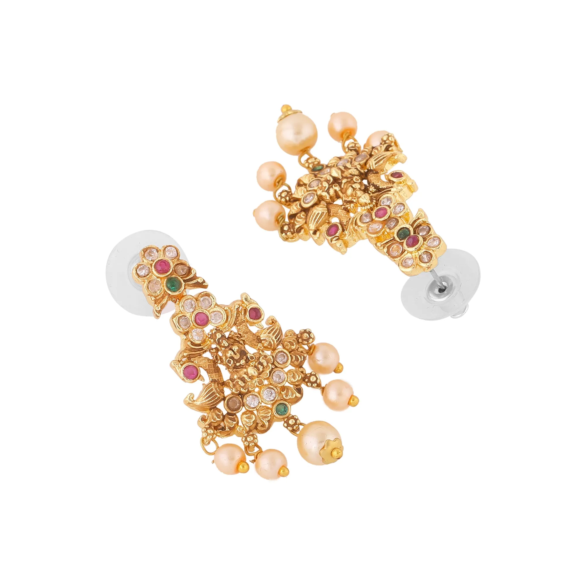 Estele Gold Plated CZ Spiritual Lakshmi Devi Designer Earrings with Pearls for Women