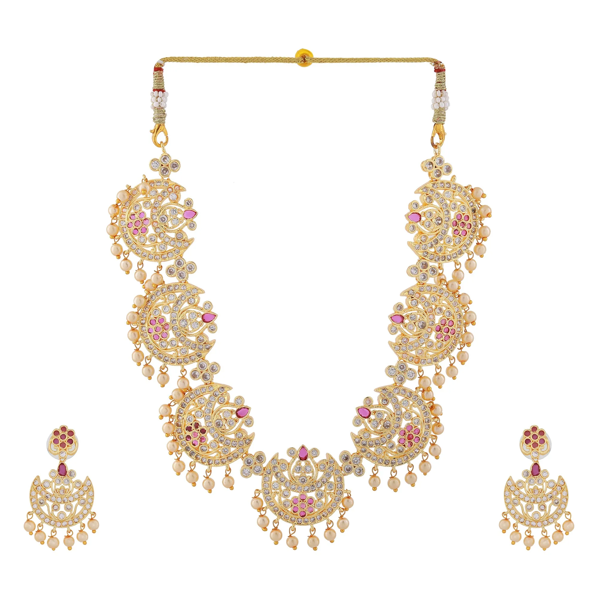 Estele Gold Plated CZ Splendid Flower Designer Necklace Set with Pearls for Women