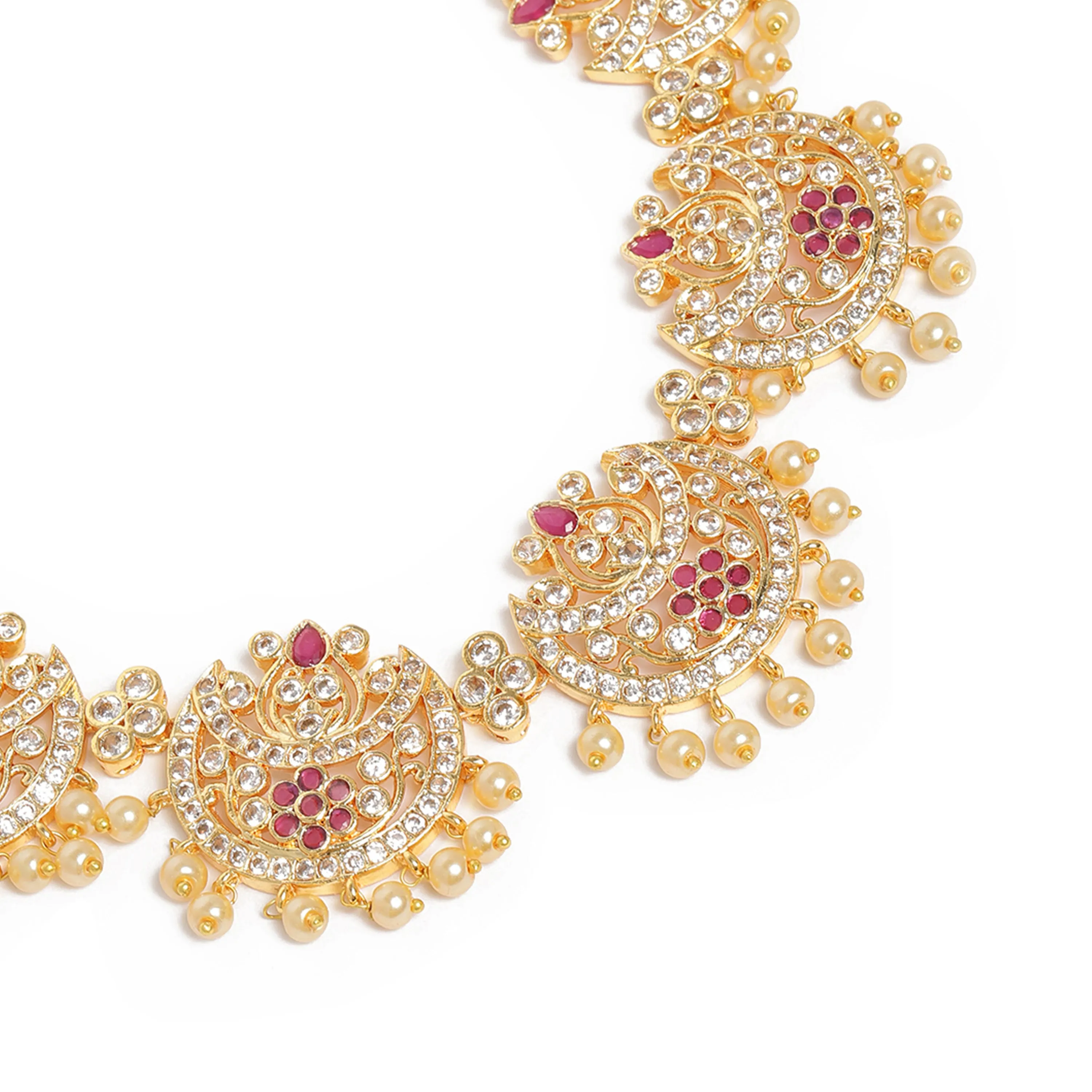 Estele Gold Plated CZ Splendid Flower Designer Necklace Set with Pearls for Women