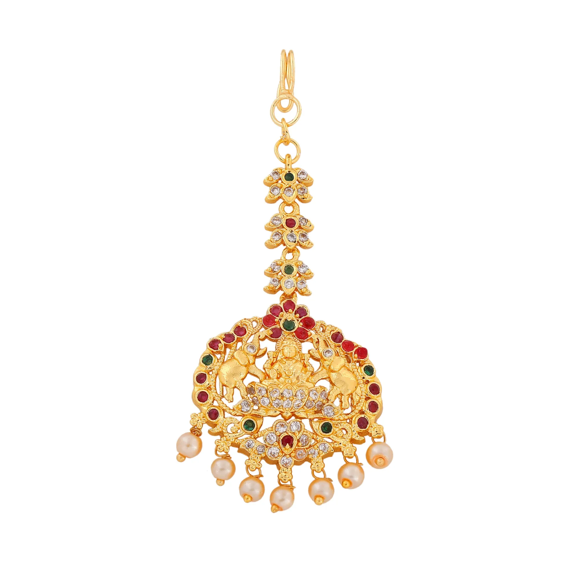 Estele Gold Plated CZ Traditional Lakshmi Devi Designer Maang Tikka with Pearl for Women