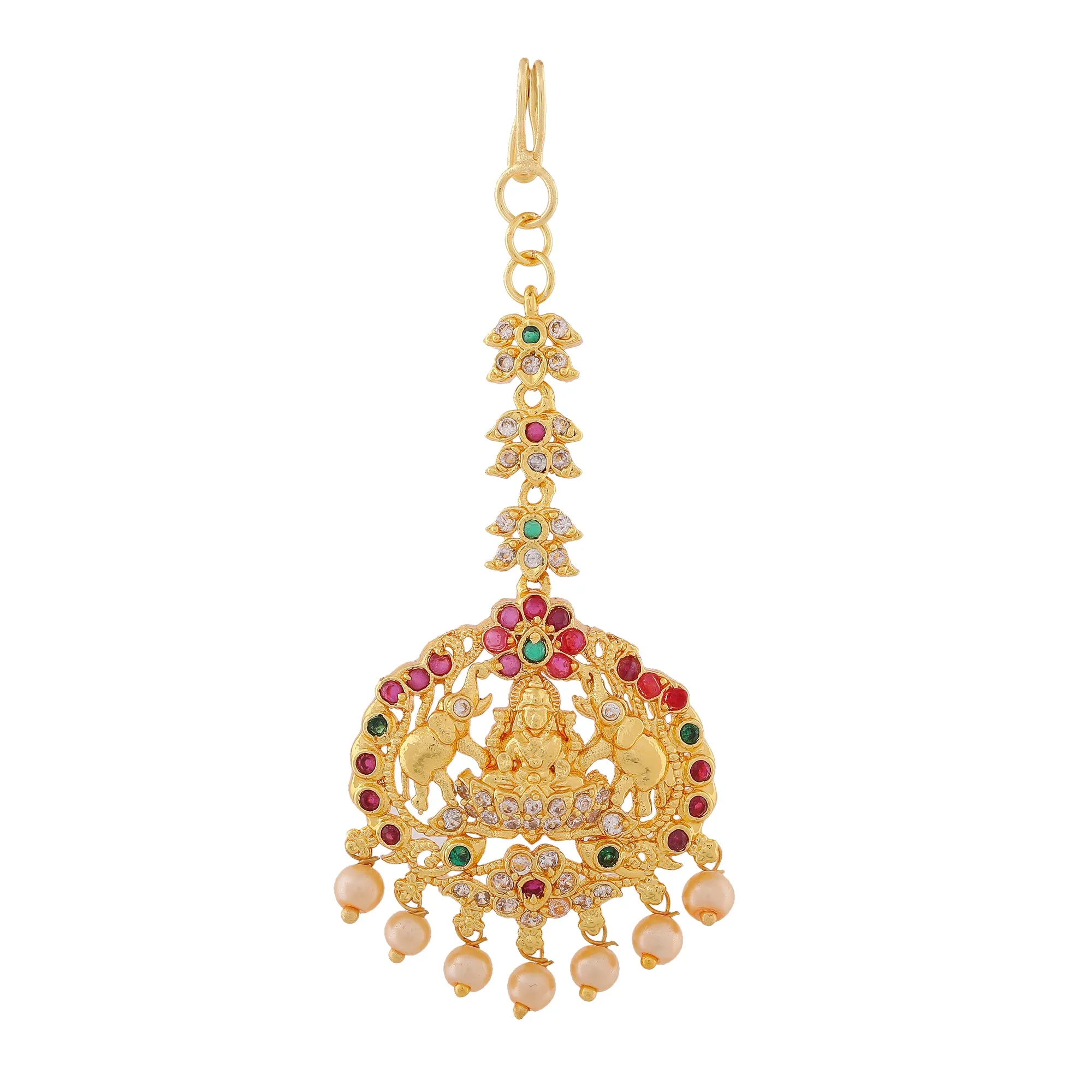 Estele Gold Plated CZ Traditional Lakshmi Devi Designer Maang Tikka with Pearl for Women