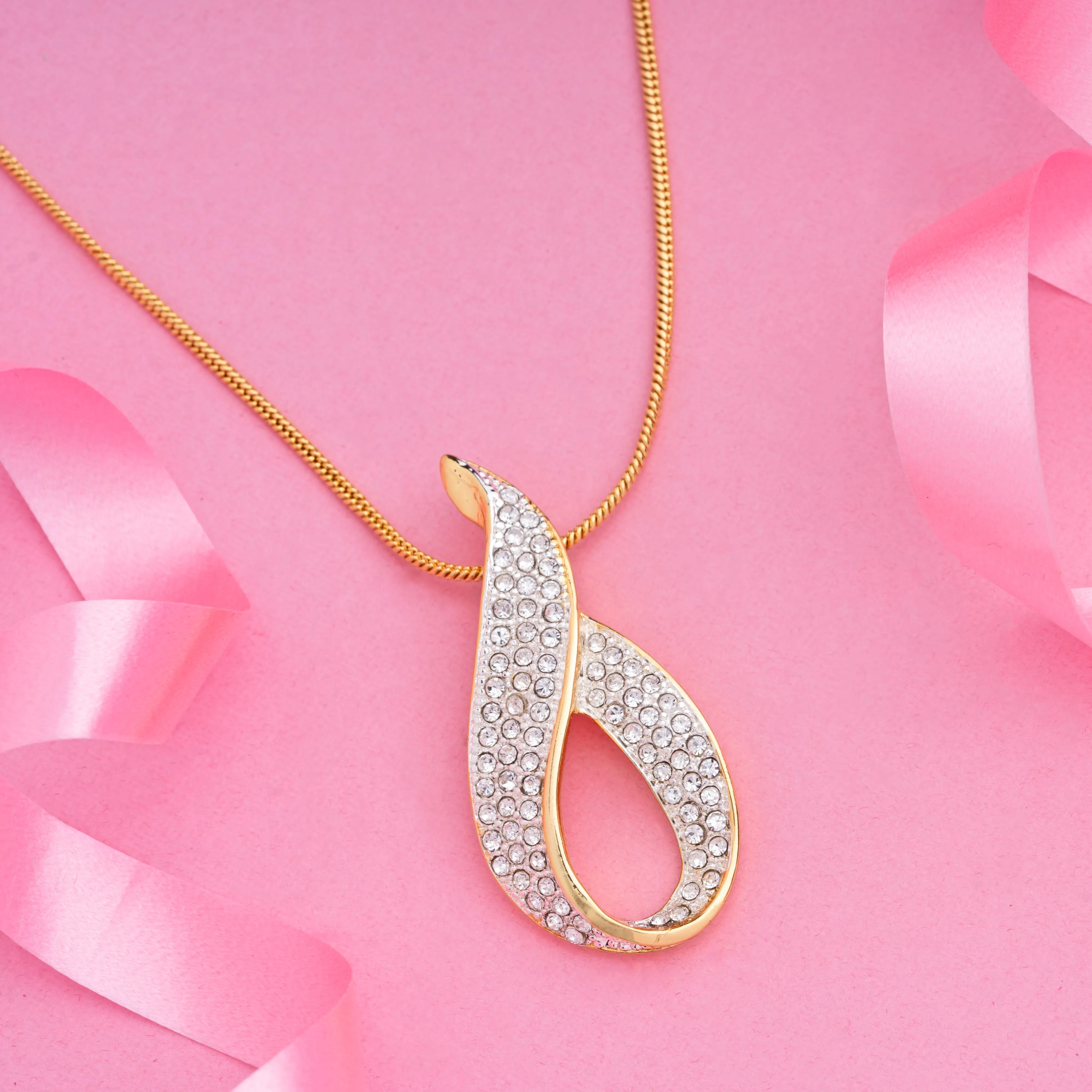 Estele Gold Plated Diamante Ribbon with Austrian Crystals Pendant for Women / Girls