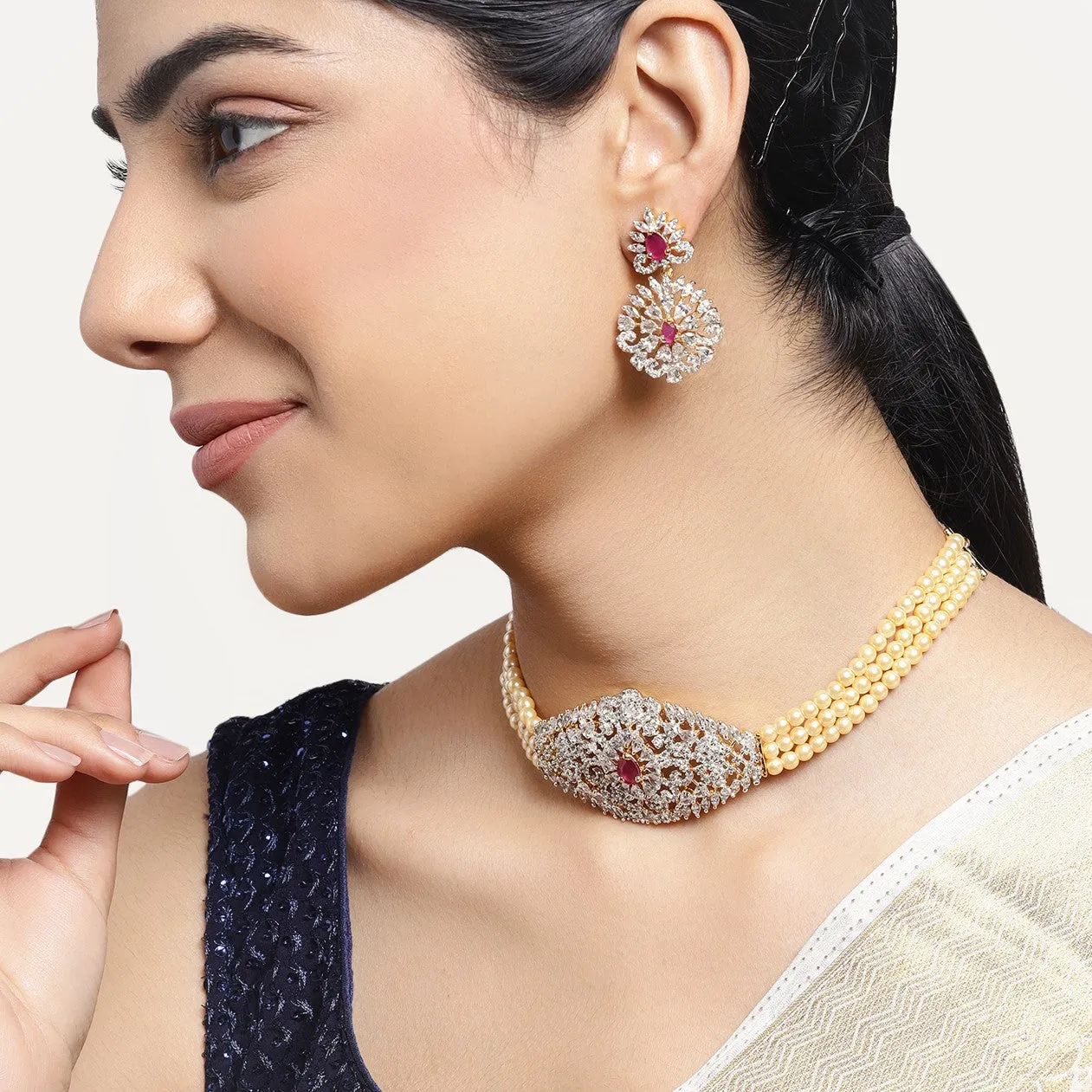 Estele - Pearl Ruby and Diamond Sitara Choker Necklace set