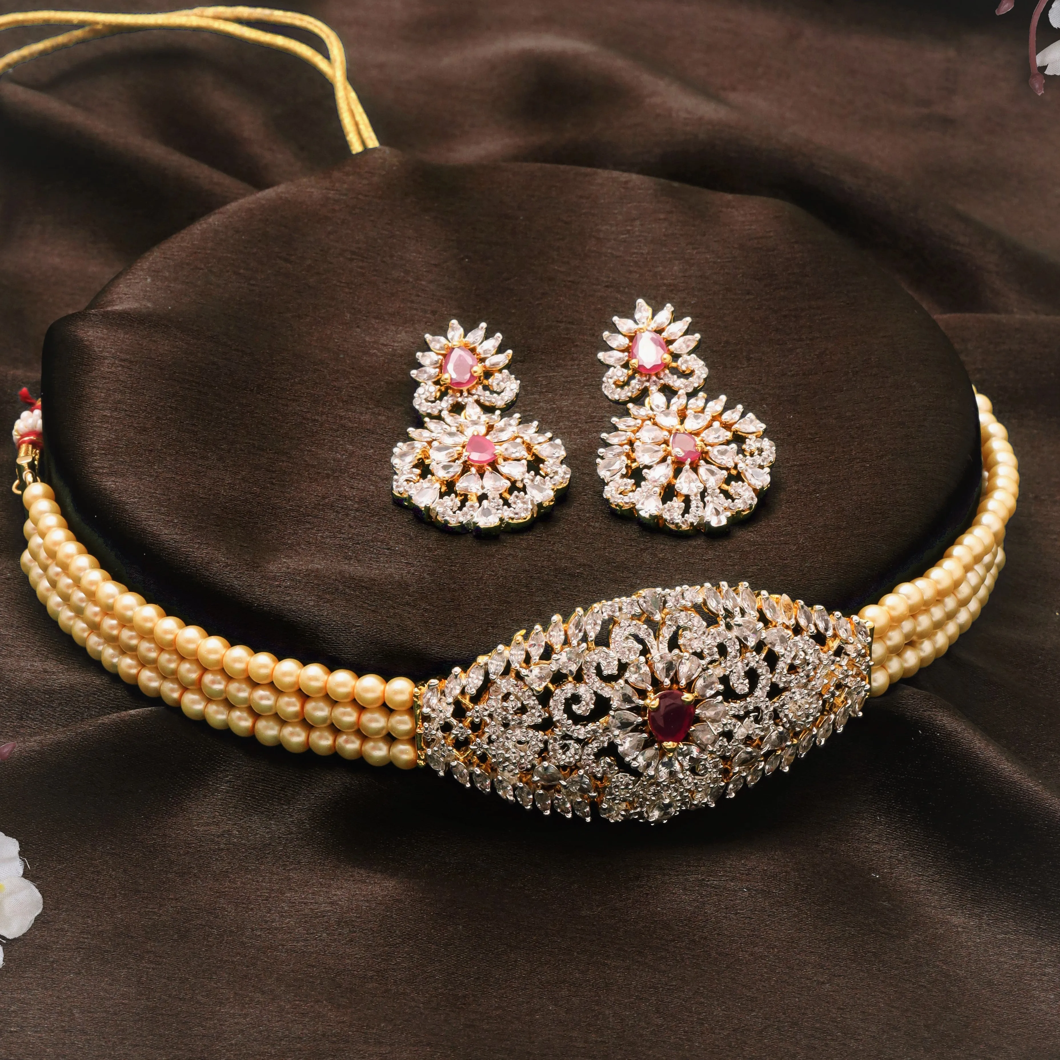 Estele - Pearl Ruby and Diamond Sitara Choker Necklace set