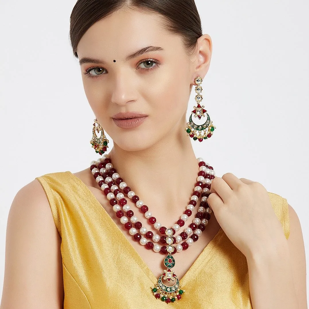 Estele - Traditional Kundan and Ruby and white Pearls Necklace Set for women