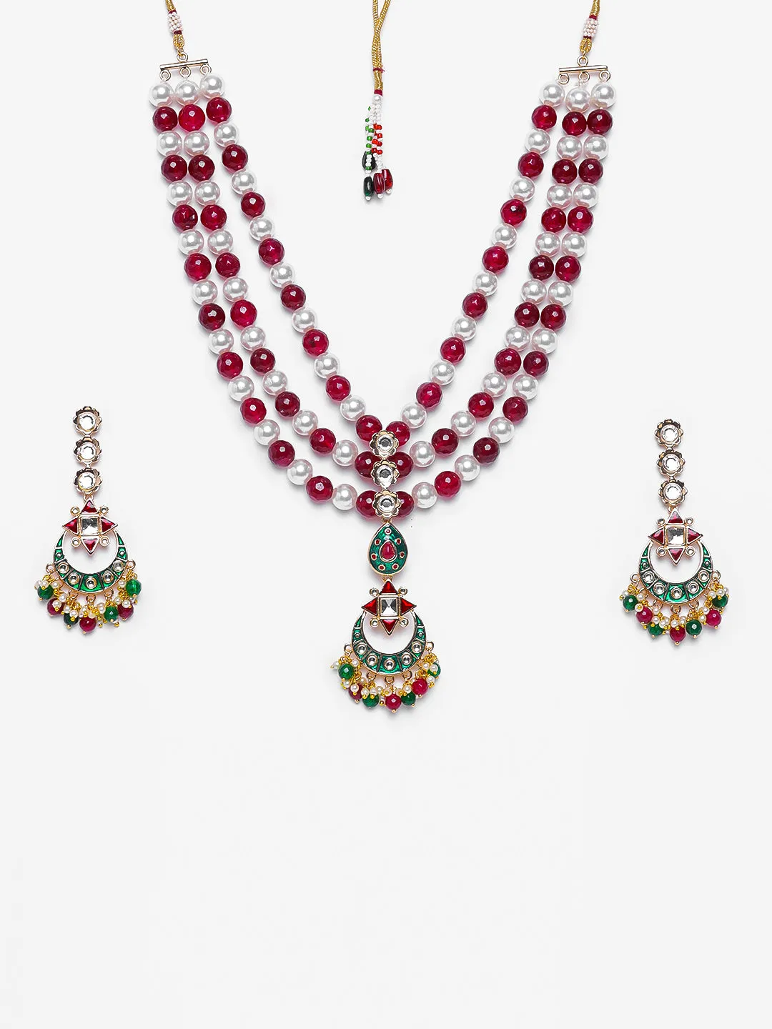 Estele - Traditional Kundan and Ruby and white Pearls Necklace Set for women