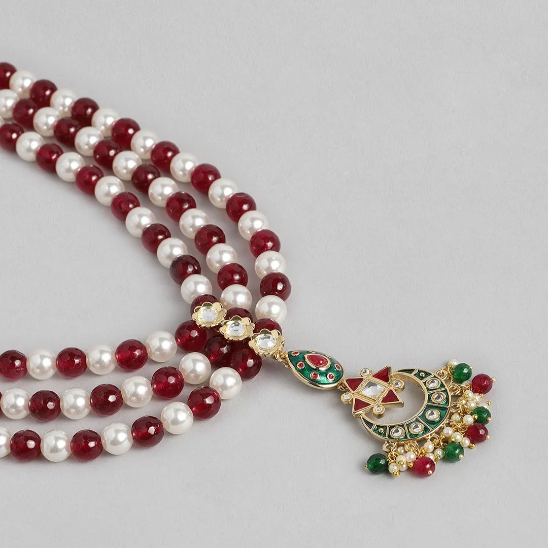 Estele - Traditional Kundan and Ruby and white Pearls Necklace Set for women