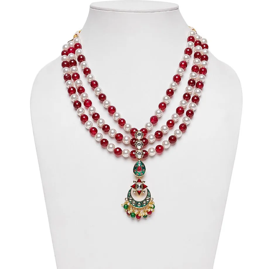 Estele - Traditional Kundan and Ruby and white Pearls Necklace Set for women