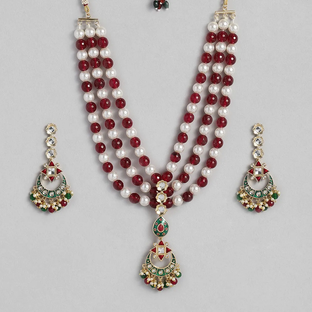Estele - Traditional Kundan and Ruby and white Pearls Necklace Set for women