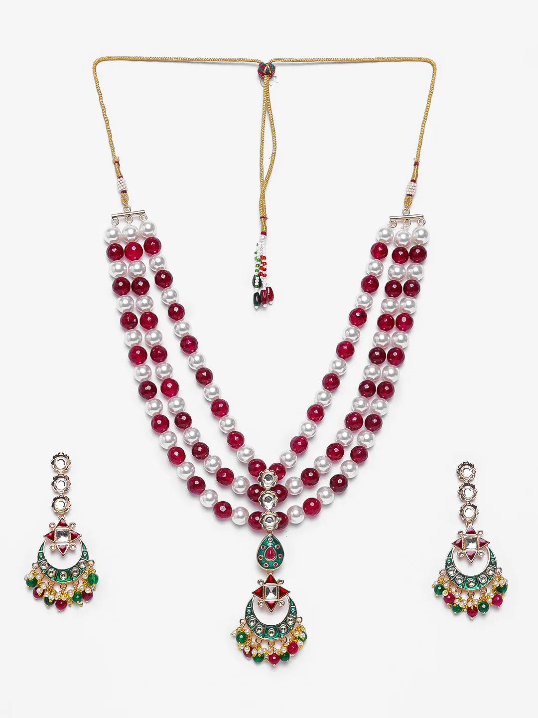 Estele - Traditional Kundan and Ruby and white Pearls Necklace Set for women