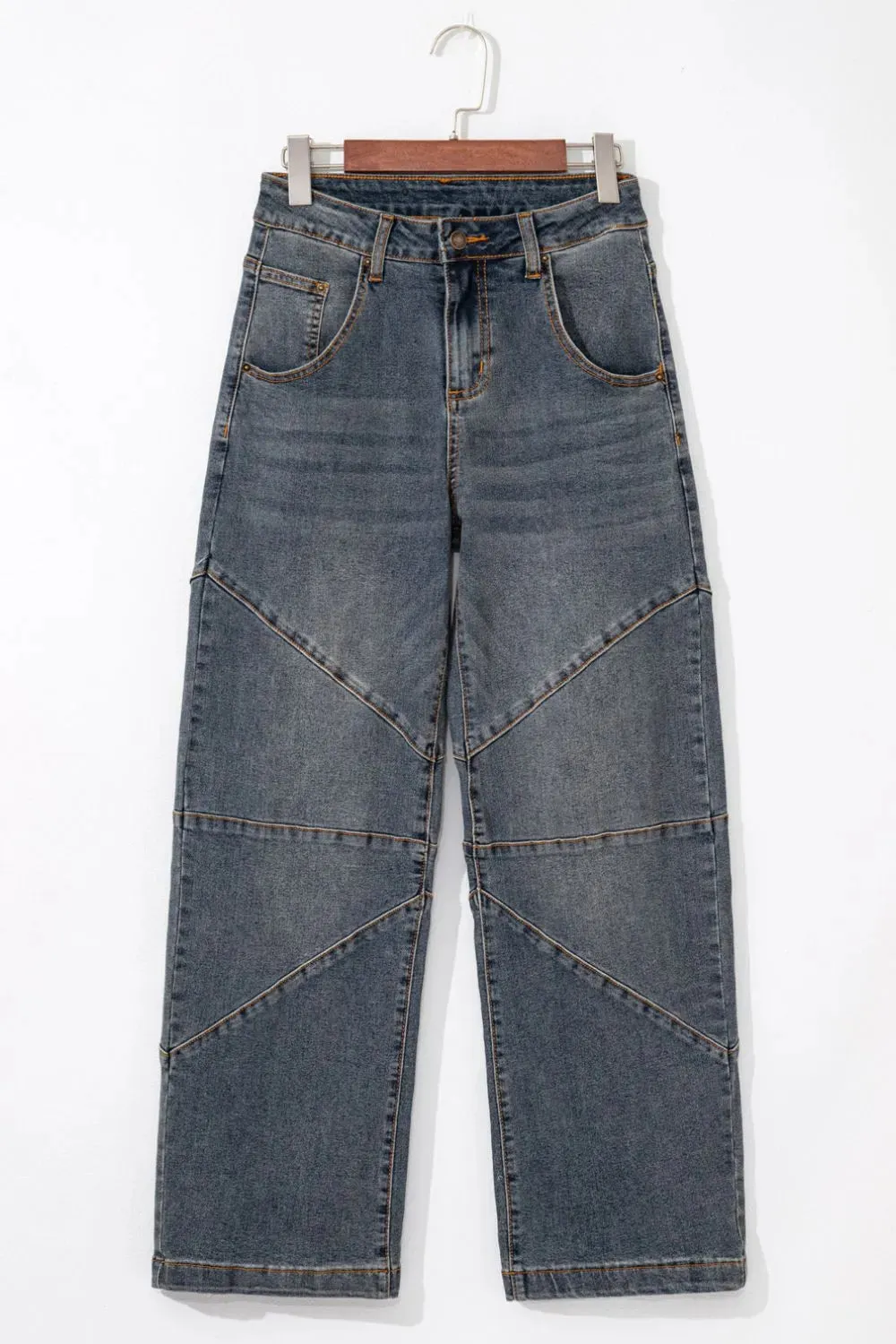 Exposed Stitching Loose Straight High Waist Jeans for Women