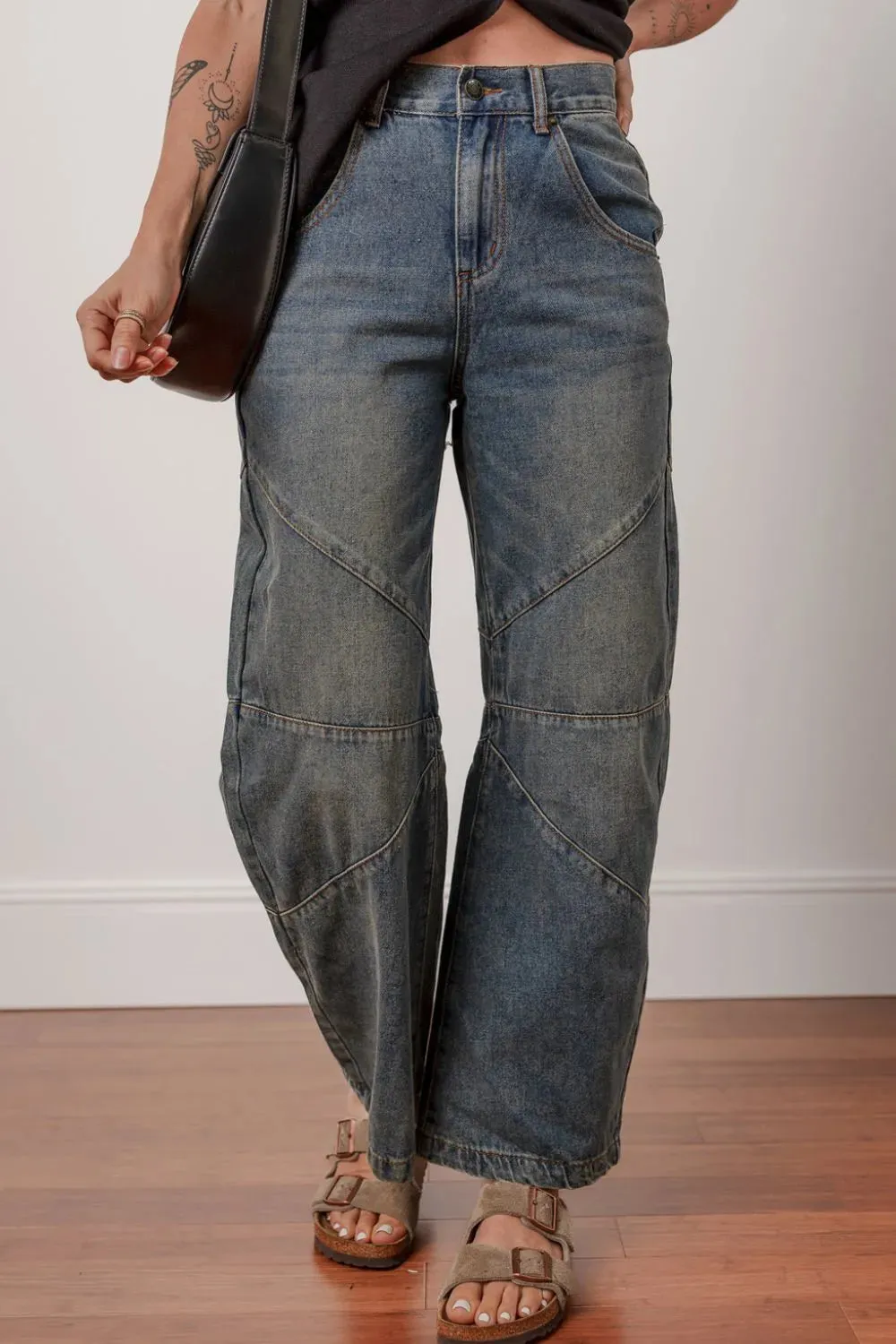 Exposed Stitching Loose Straight High Waist Jeans for Women