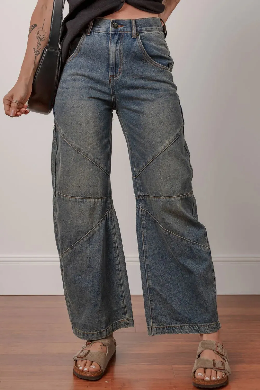 Exposed Stitching Loose Straight High Waist Jeans for Women
