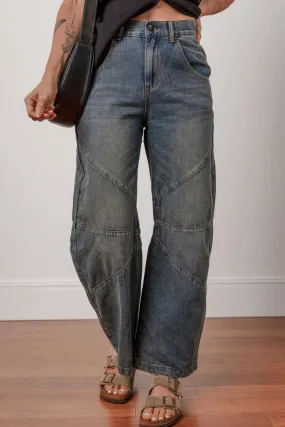 Exposed Stitching Loose Straight High Waist Jeans for Women