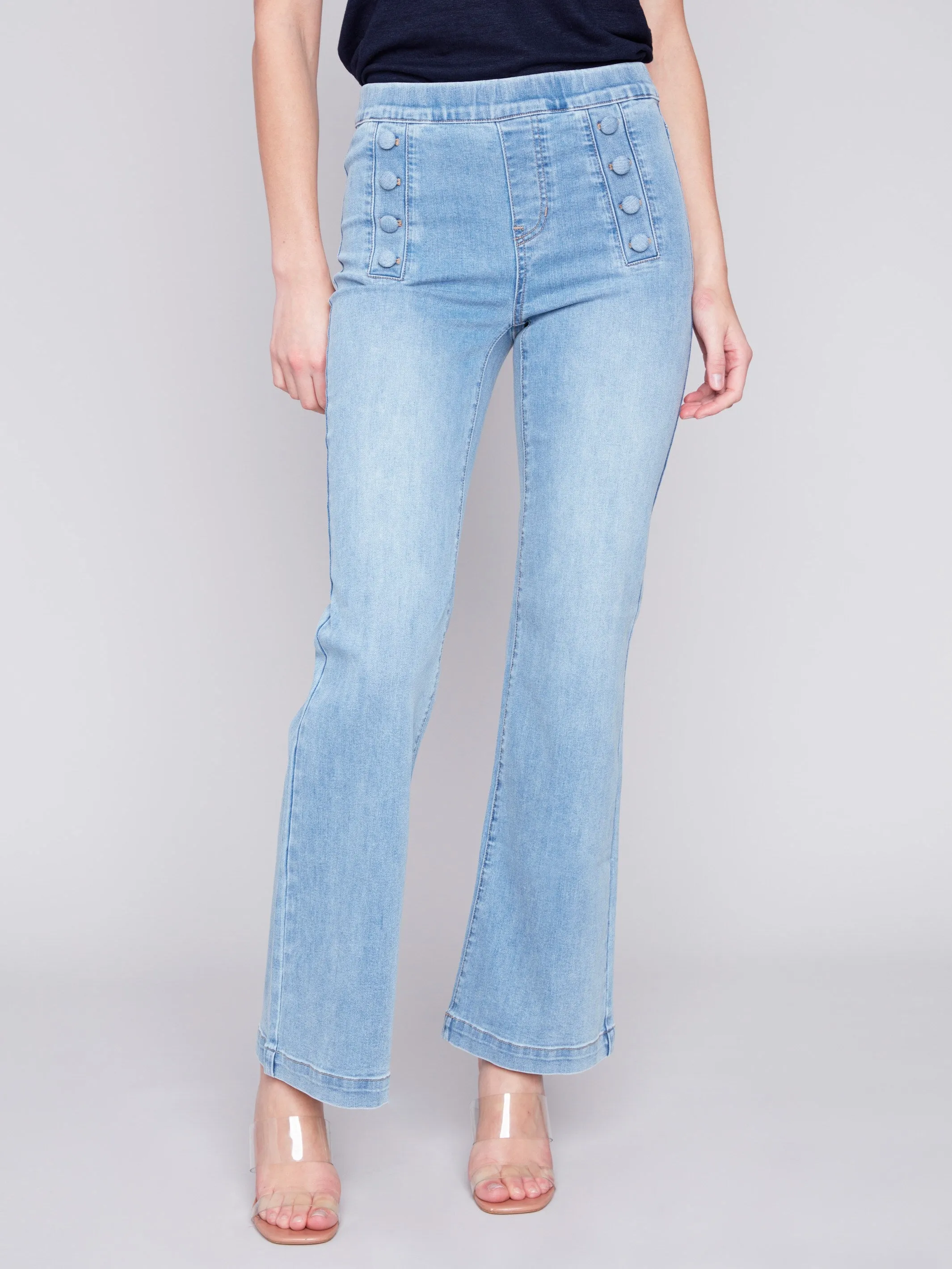 Flare Jeans with Decorative Buttons - Light Blue