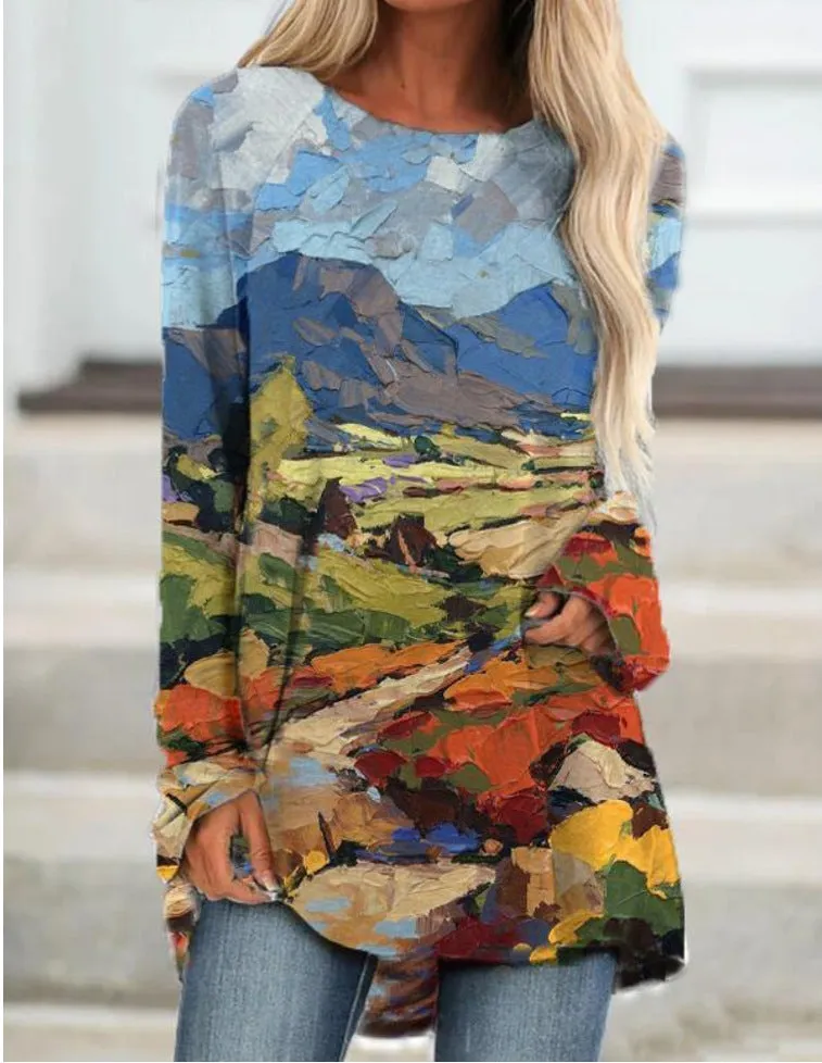 Floral print round neck long sleeve ladies bottoming shirt