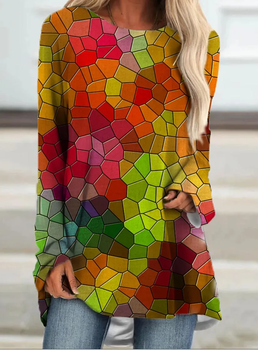 Floral print round neck long sleeve ladies bottoming shirt