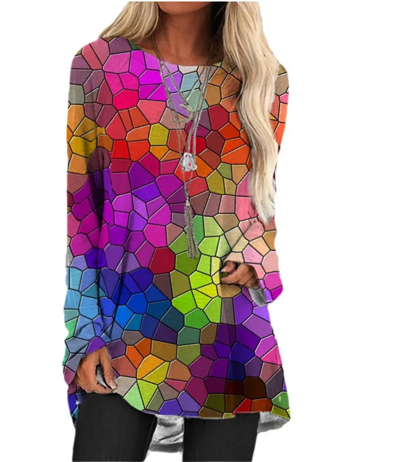 Floral print round neck long sleeve ladies bottoming shirt