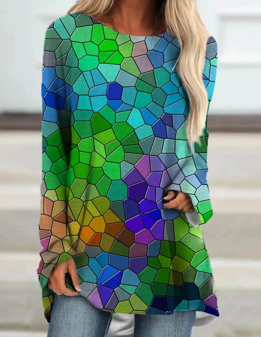 Floral print round neck long sleeve ladies bottoming shirt