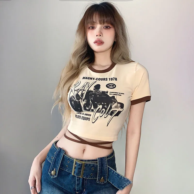 Gothic Print Lace Up Short T-shirt