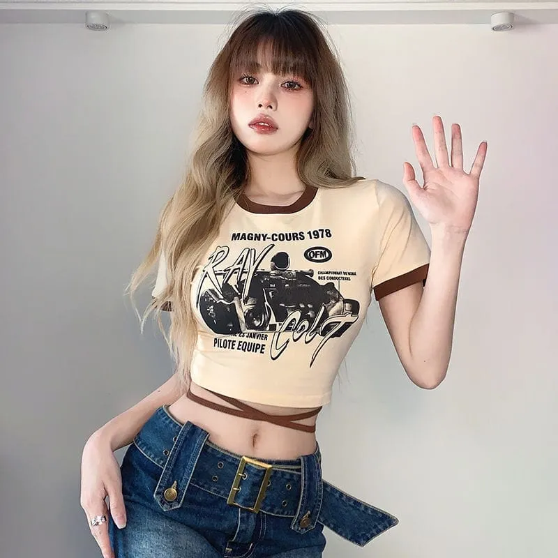 Gothic Print Lace Up Short T-shirt