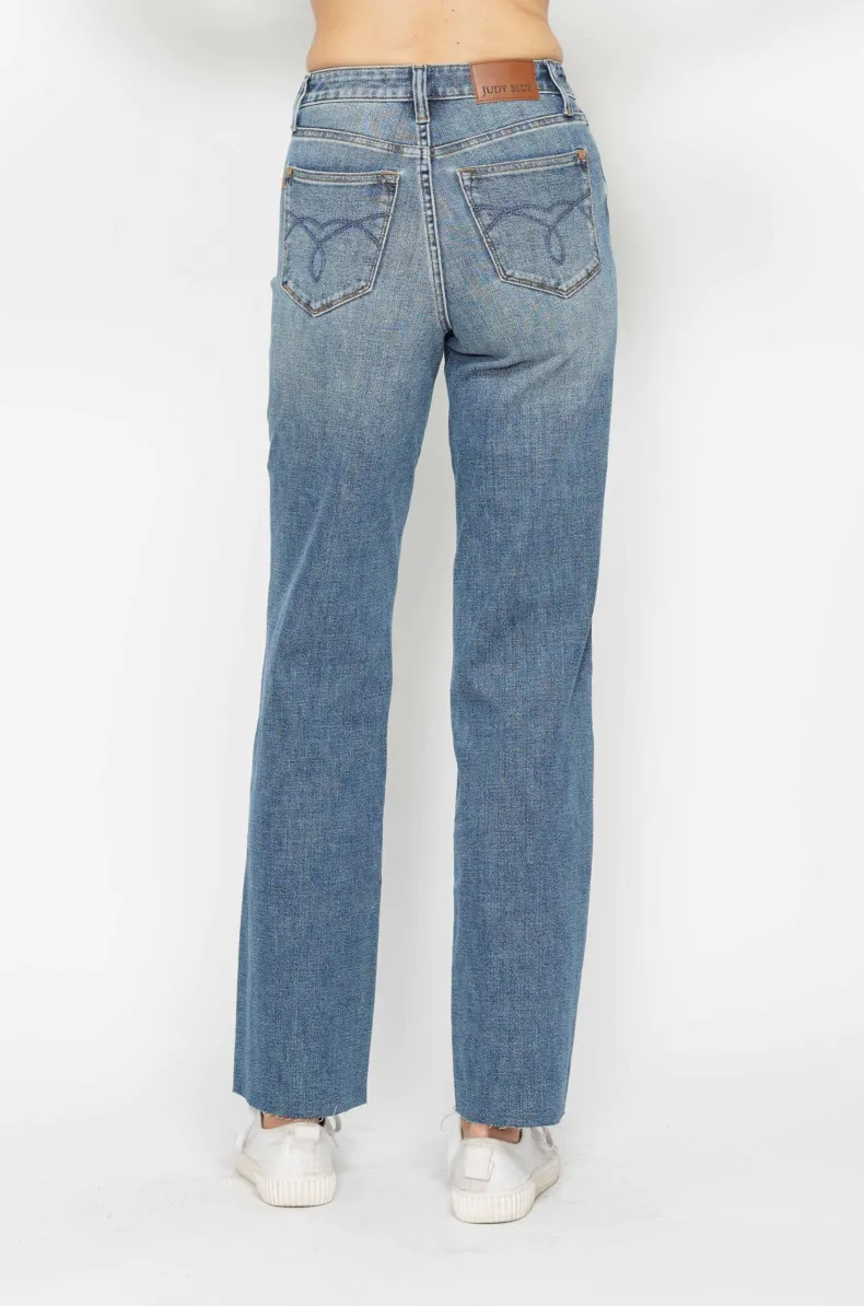 Judy Blue High Waist Tummy Control Cut Raw Hem Straight Jeans