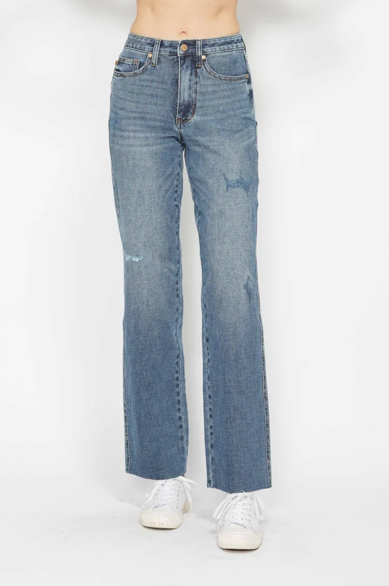 Judy Blue High Waist Tummy Control Cut Raw Hem Straight Jeans