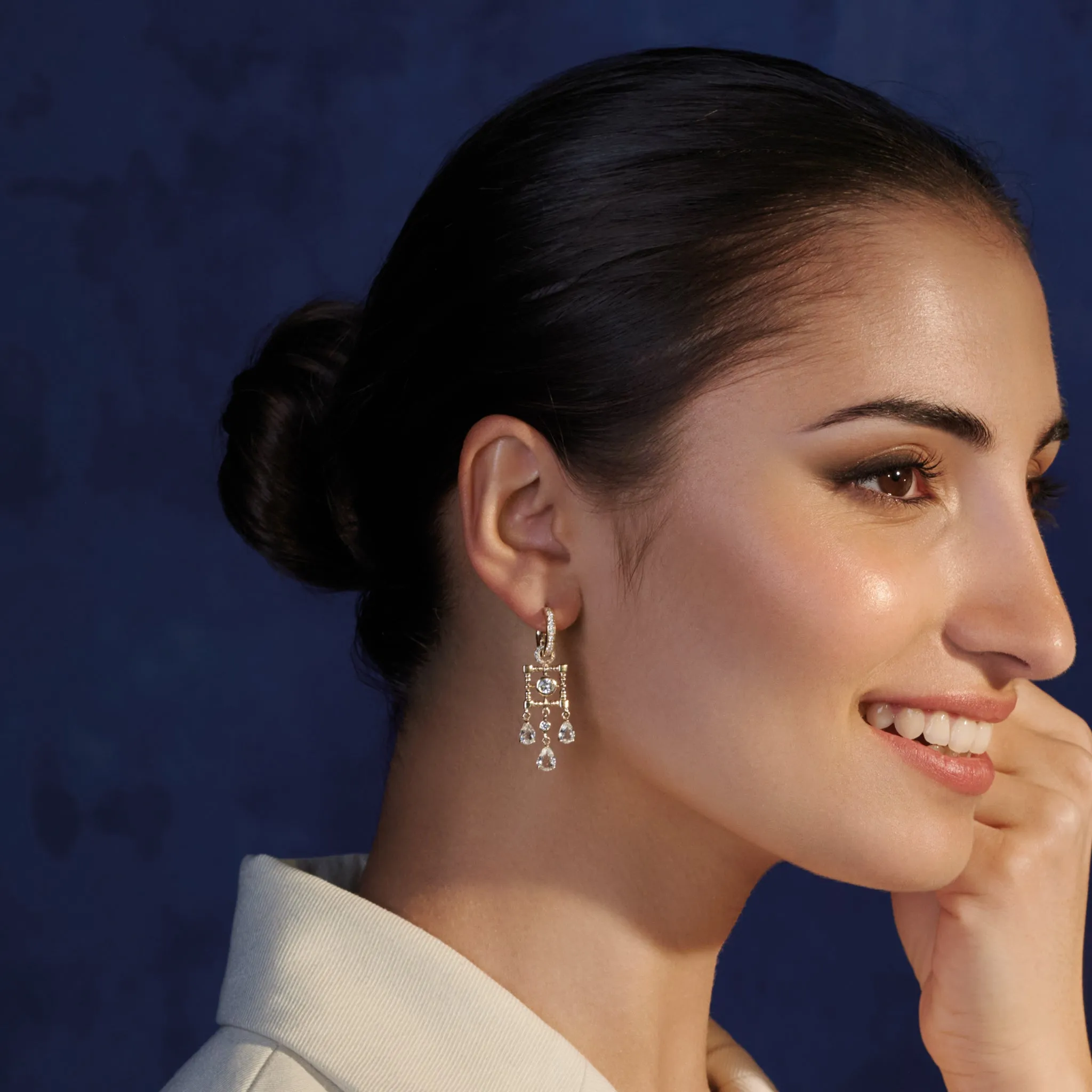 Mashrabiya Trellis Earring Drops Yellow Gold - White Sapphire & Diamond