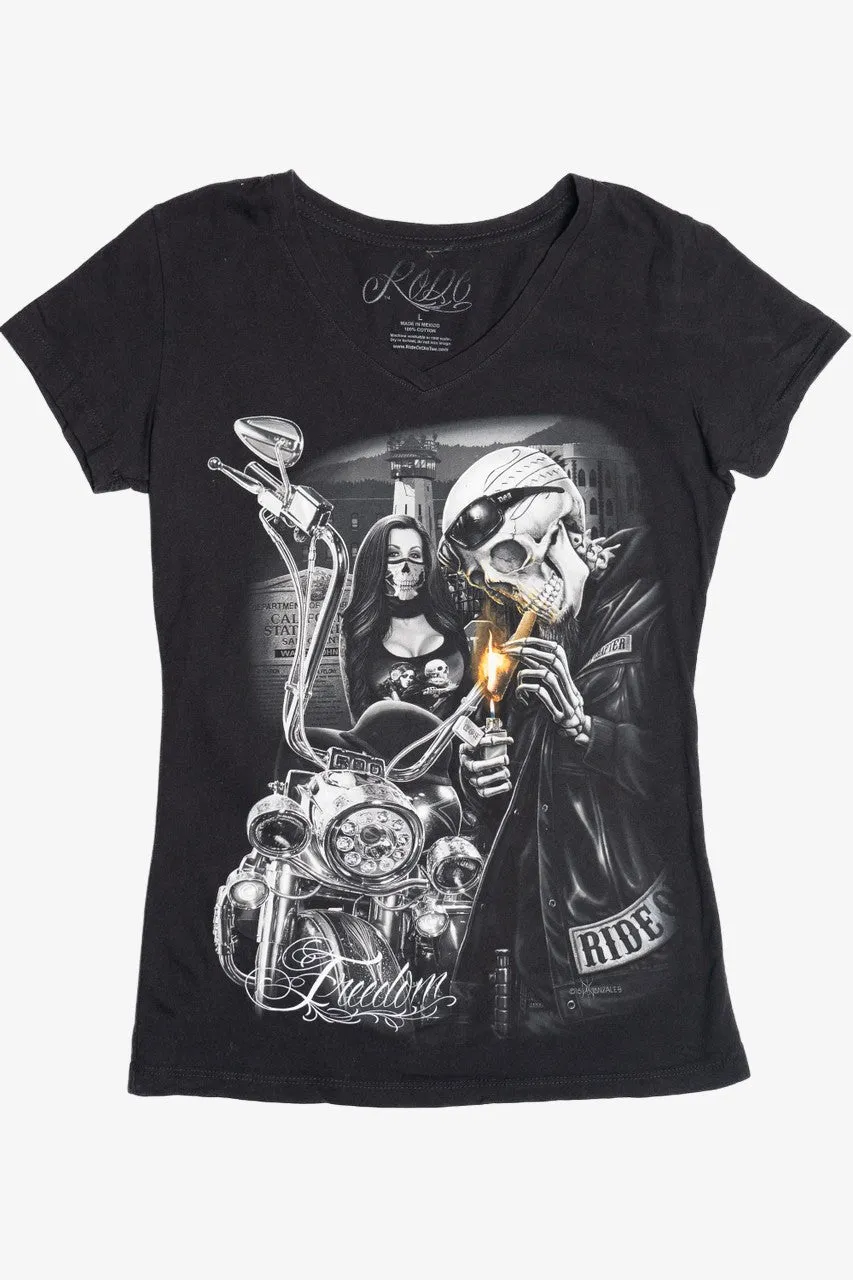 "Freedom" Skeleton Motorcycle V-Neck T-Shirt