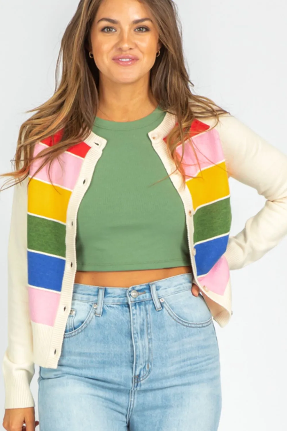 Rainbow Color block Contrast Button Down Long Sleeve Sweater Women's Cardigan