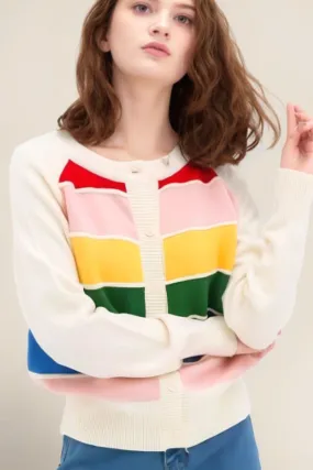 Rainbow Color block Contrast Button Down Long Sleeve Sweater Women's Cardigan