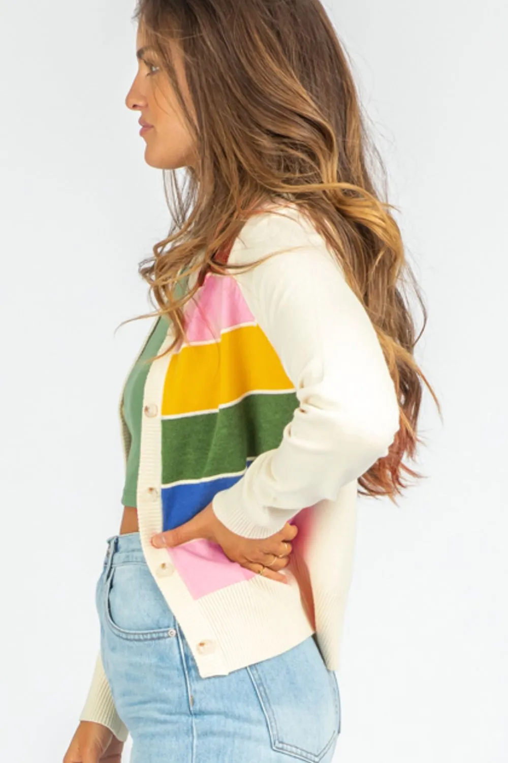 Rainbow Color block Contrast Button Down Long Sleeve Sweater Women's Cardigan