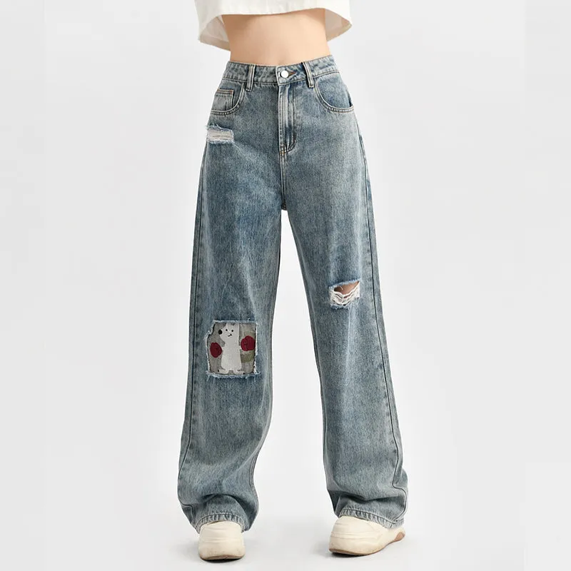Summer Cute Puppy Embroidered Straight Jeans