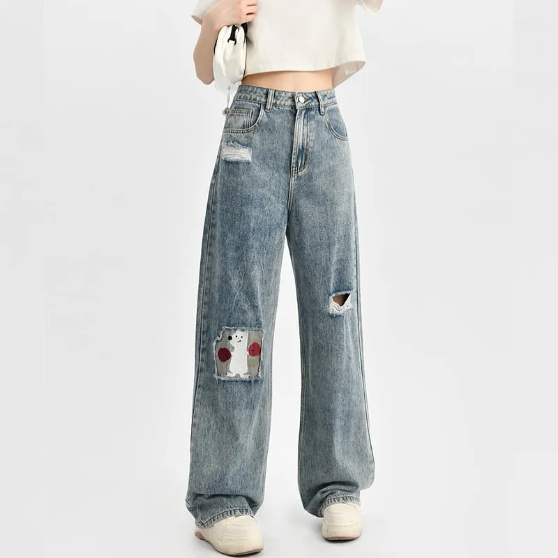 Summer Cute Puppy Embroidered Straight Jeans