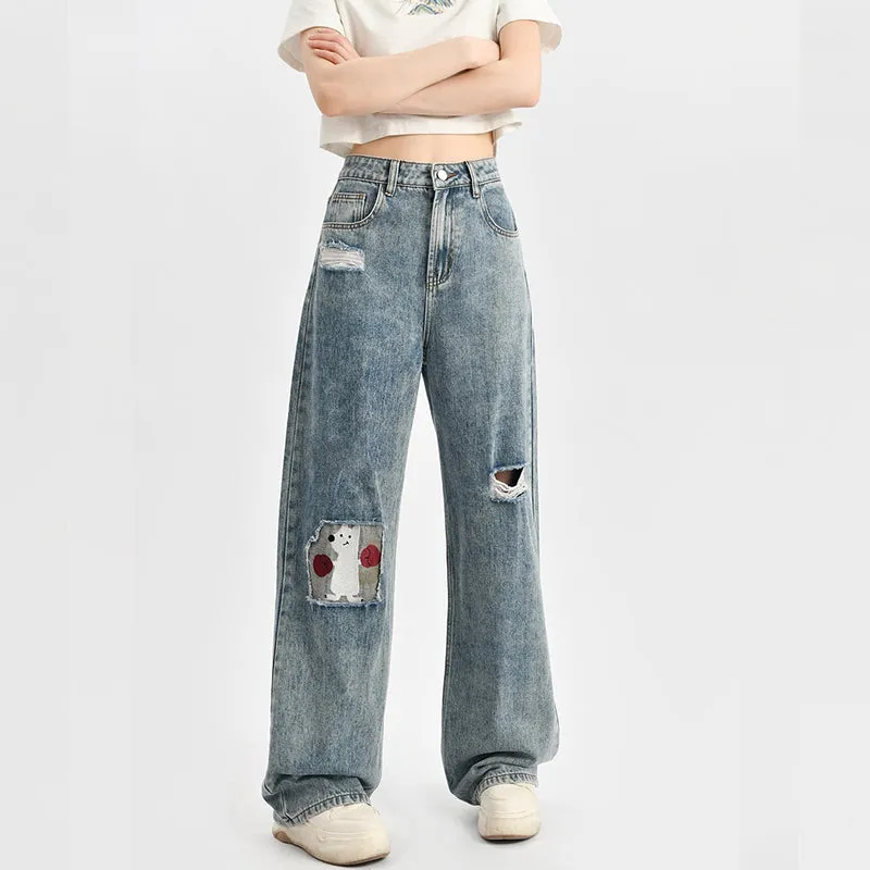 Summer Cute Puppy Embroidered Straight Jeans