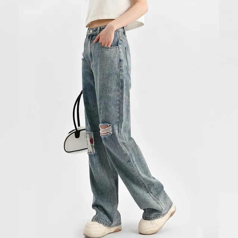 Summer Cute Puppy Embroidered Straight Jeans