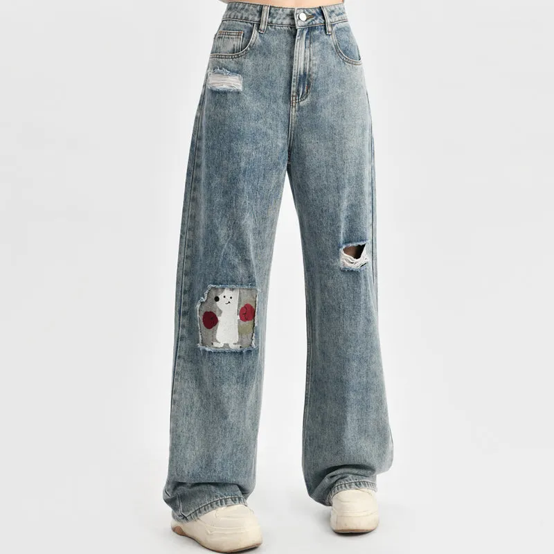 Summer Cute Puppy Embroidered Straight Jeans