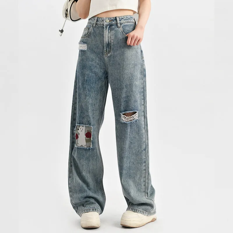 Summer Cute Puppy Embroidered Straight Jeans