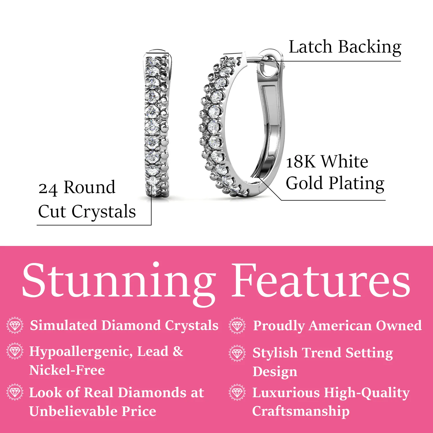 Teagan 18k White Gold Plated Crystal Hoop Earrings for Women