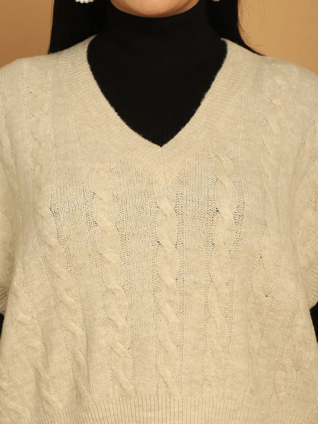Women Beige V Neck Sweater