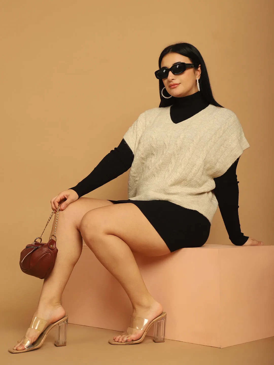 Women Beige V Neck Sweater