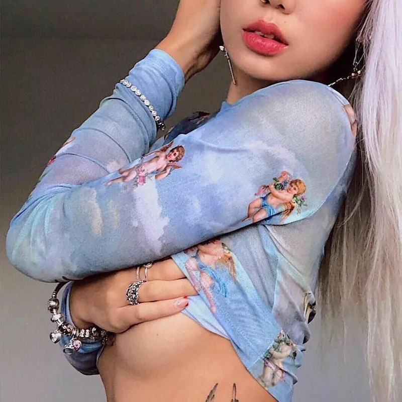 Women long sleeve high collar printed T-shirt