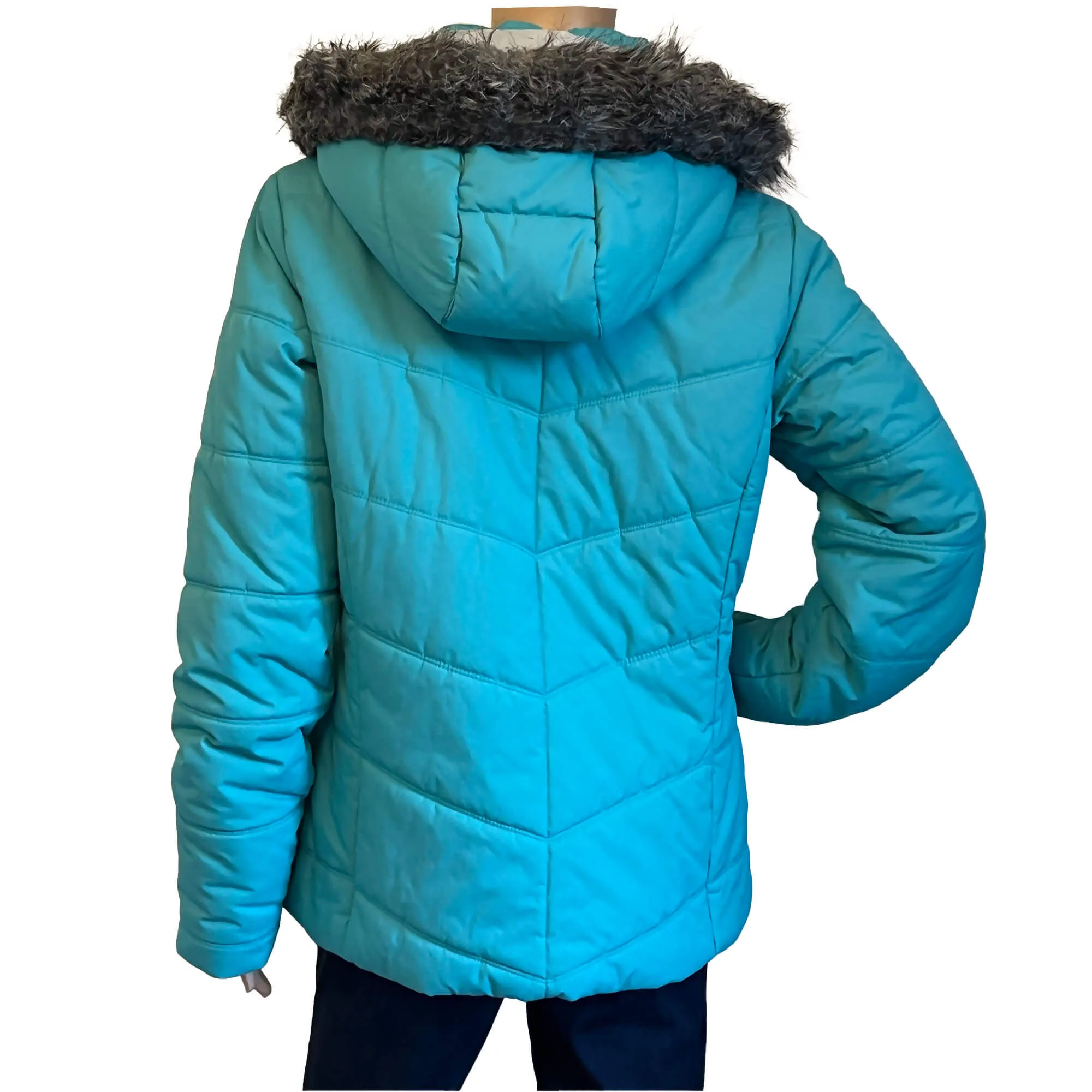 Women's Columbia Teal Blue Parka Jacket. Size L. Faux Fur Trim