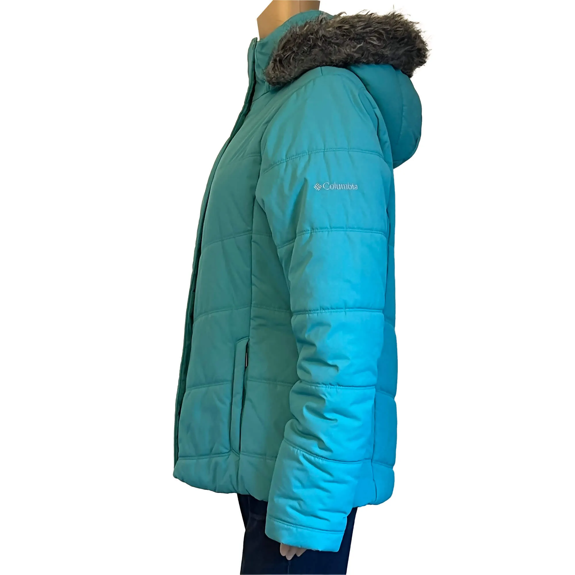 Women's Columbia Teal Blue Parka Jacket. Size L. Faux Fur Trim